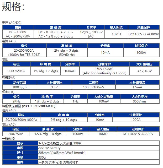 臺(tái)灣泰仕TES-3012交流鉤表圖片