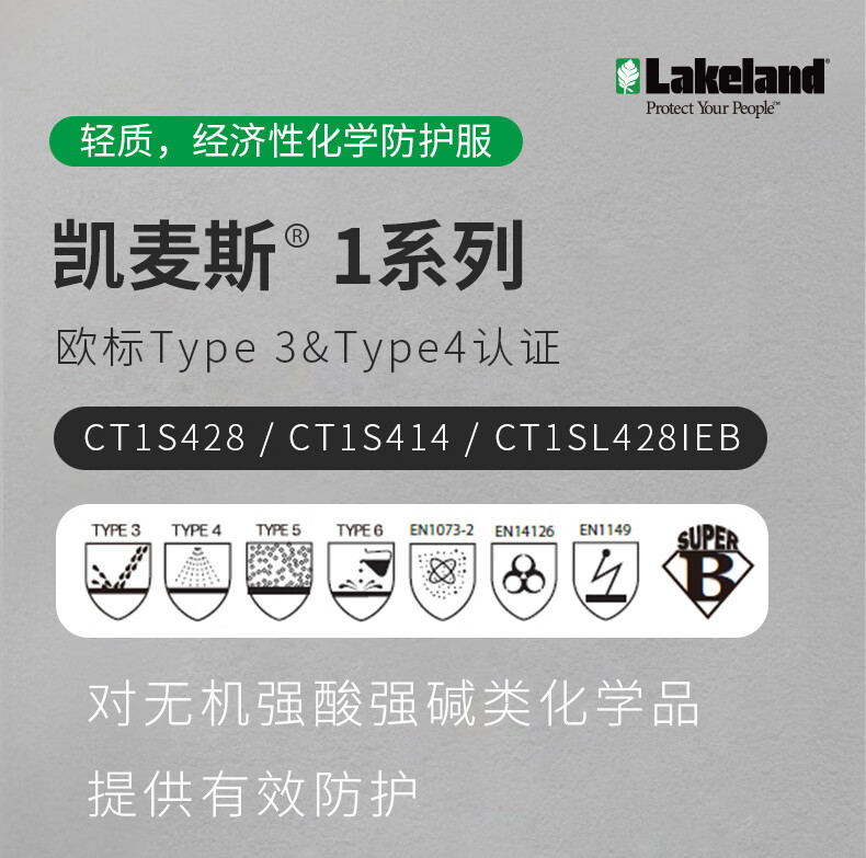 雷克蘭CT1SL428IEB凱麥斯ChemMax 1耐強酸強堿帶帽連體防化服1