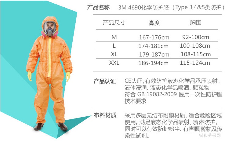 3M4690橙色帶帽連體防護服CE認證